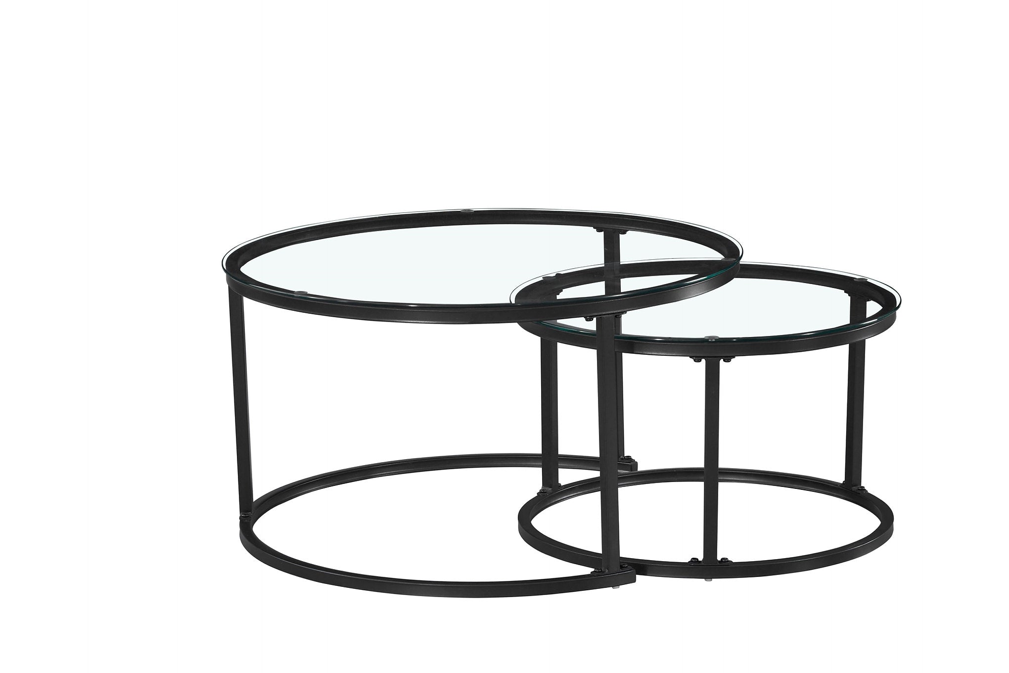 IF-2611 Coffee Tables, 2Pc Set, Nesting, 32" Round, 24" Round, Matte Black Steel Frames with Tempered Glass Tops
