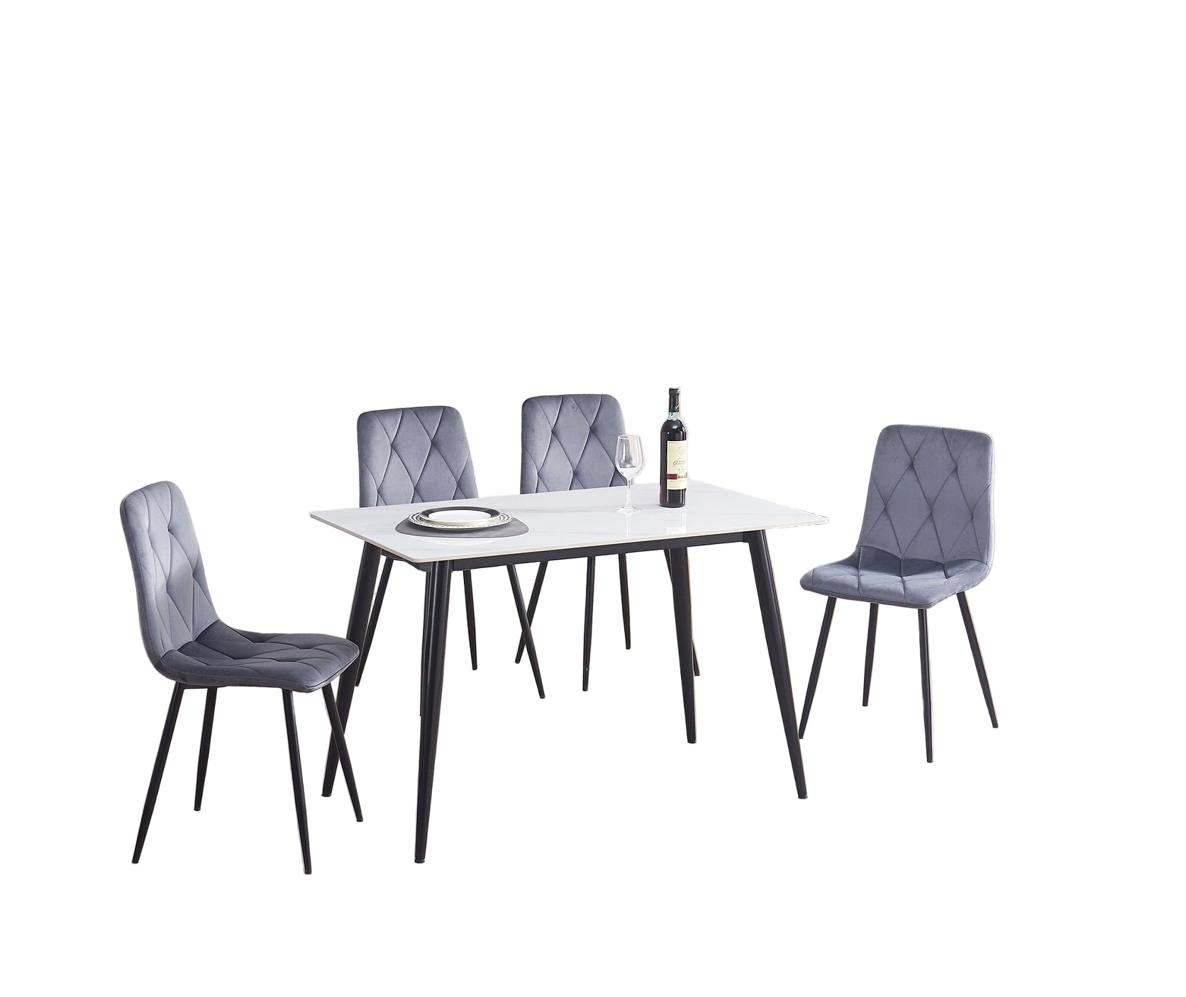 T-1630 | C-1632 Dining Set, 5 Pc, 48" Table + 4 Chairs, Dark Grey Chairs, White Faux Marble Top Table