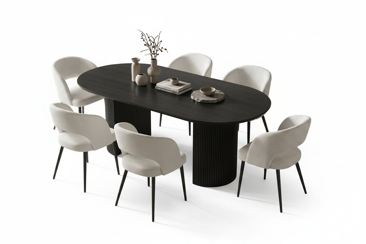 T-1643 Dining Table, Black, 71" Oval, Fluted Pedestal Base, Durable Engineered Wood
