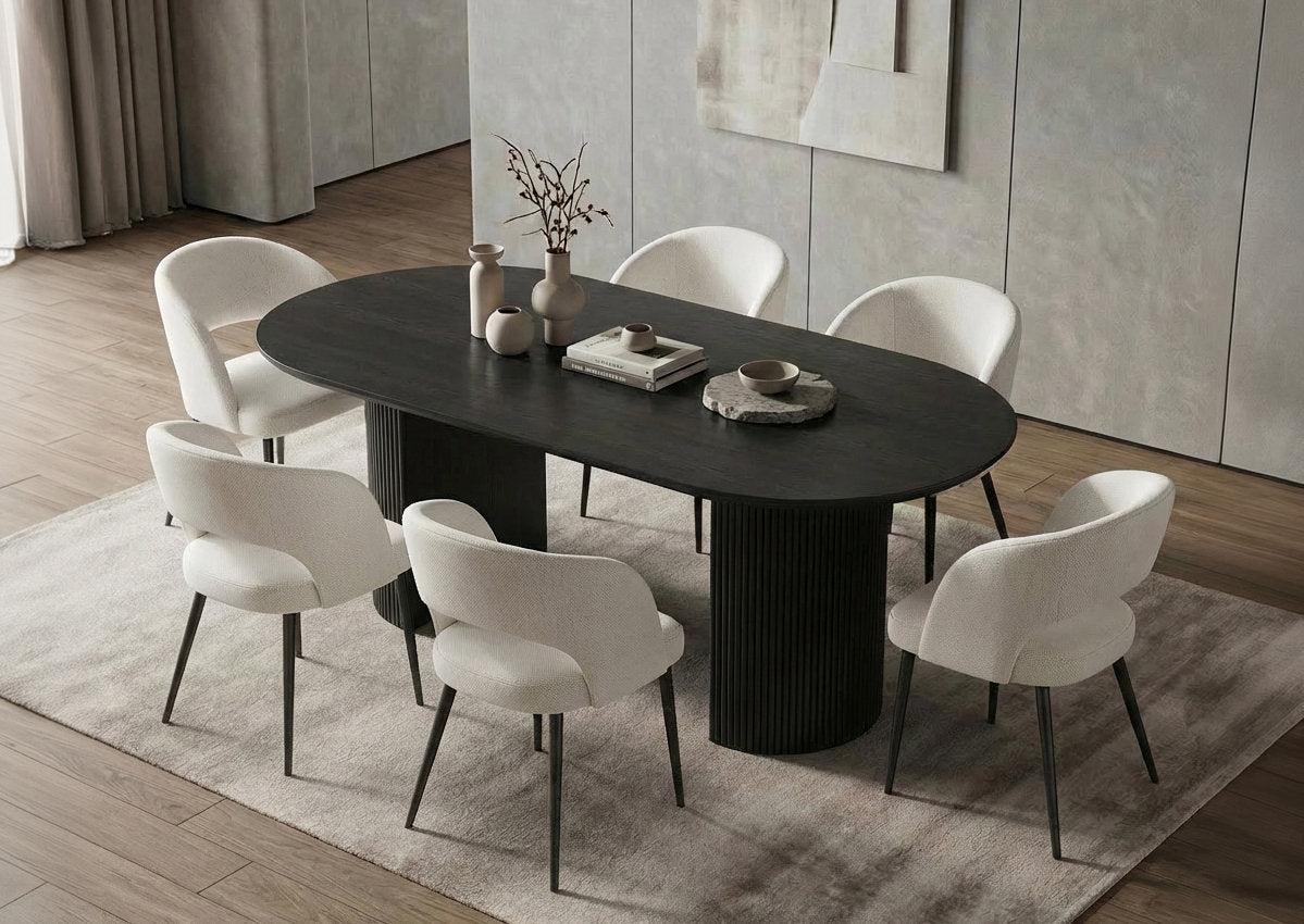 T-1643 | C-1644 Dining Set, 7Pc, Cream Chairs, Black 71" Oval Table, Fluted Base
