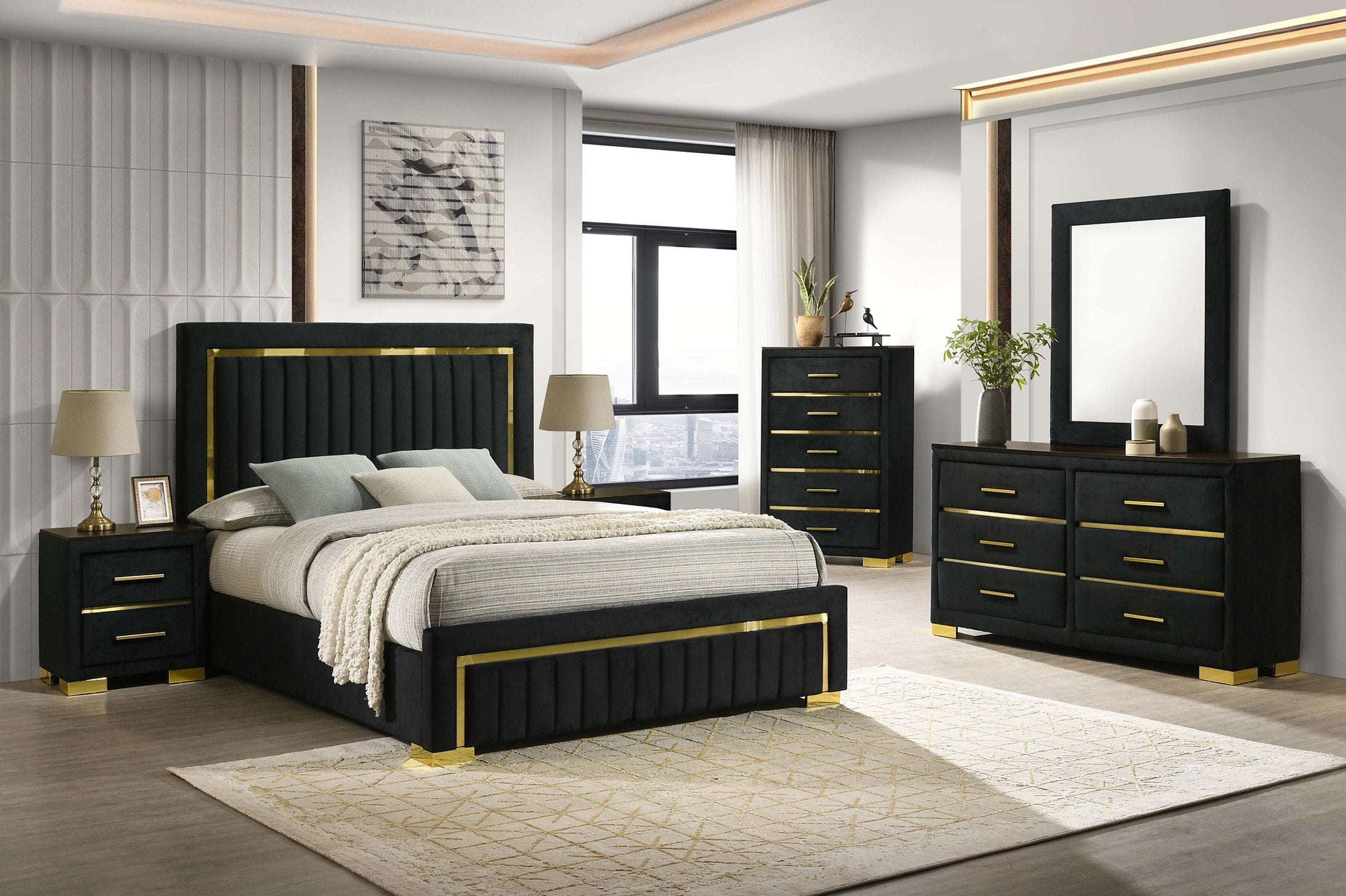IF-100 Dresser + Mirror, Black, Velvet, Gold Legs and Hardware Parliament Furniture Inc. IF-100 Dresser + Mirror, Black, Velvet, Gold Legs and Hardware Parliament Furniture Inc.