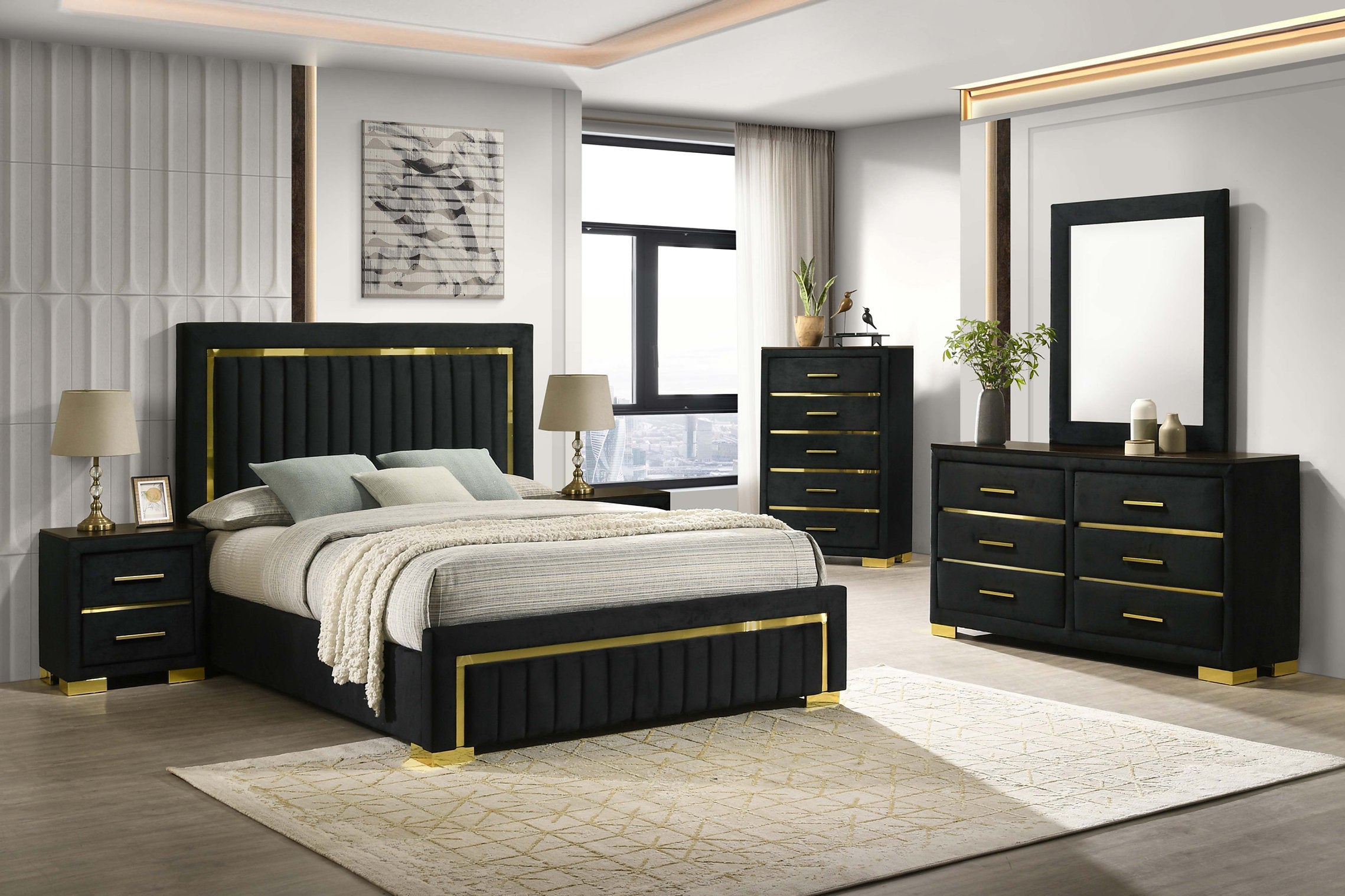 "AURORA" Bed, Gold Accents, Black, Velvet, Tufted Headboard