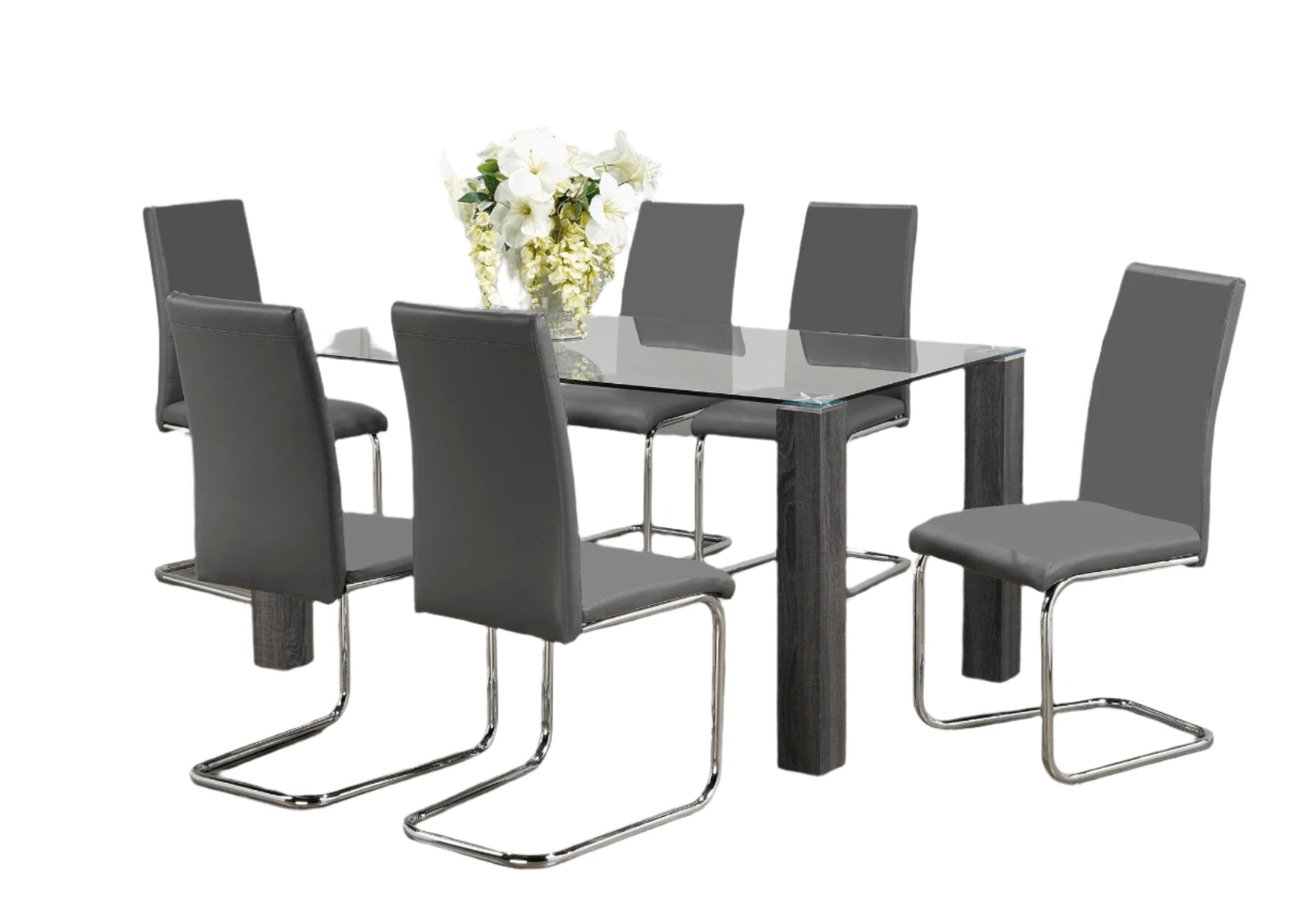 T-1449 | C-1873 - 5Pc or 7Pc Dining Set, 59" Glass Table with Grey Chairs