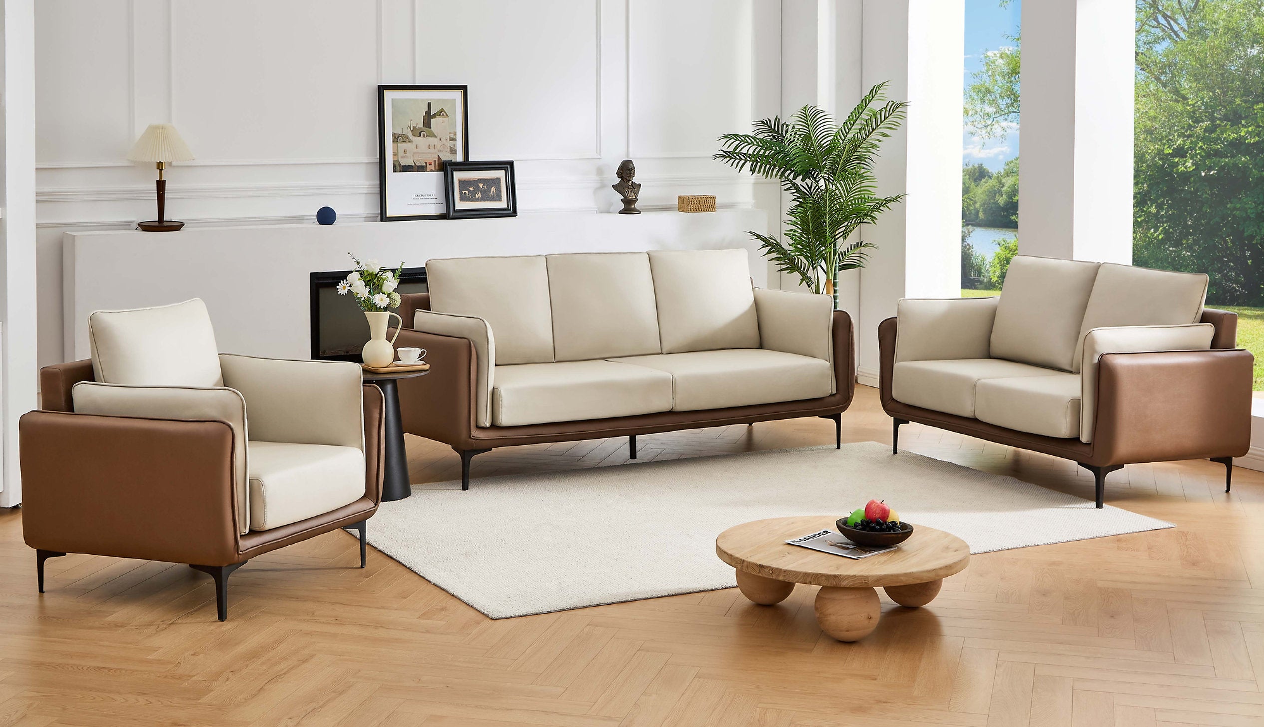 IF-8210 Sofa Set, 3Pc, 2-Tone Cream and Mocha, Premium High-Performance Fabric, Black Legs