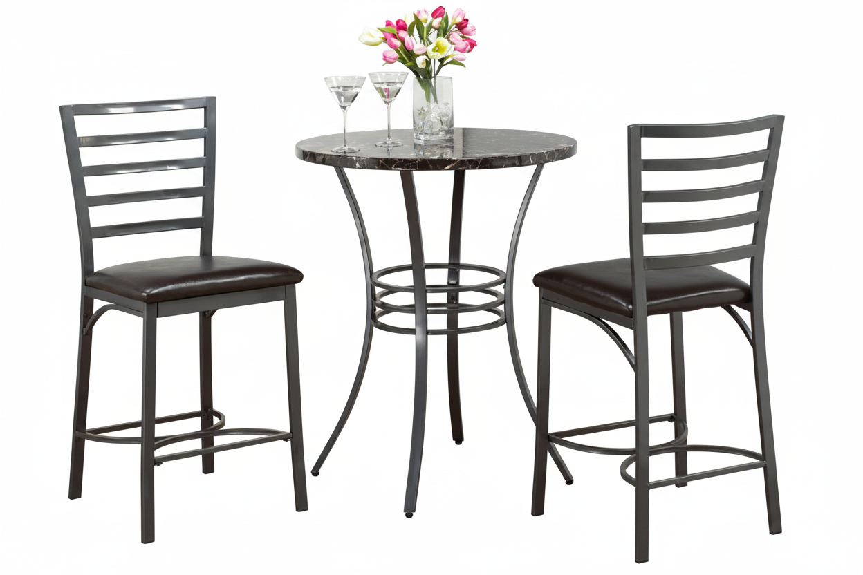 IF-1004 Pub Set, 3Pc, 30" Round, Dark Faux Marble Table Top, Grey Metal Frame, Upholstered Black Seats, Ladder Back