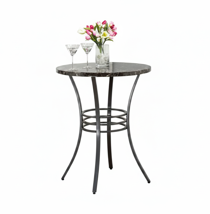 T-1004 Pub Table, 30" Round, Dark Faux Mable Top, Gun Metal Grey Frame