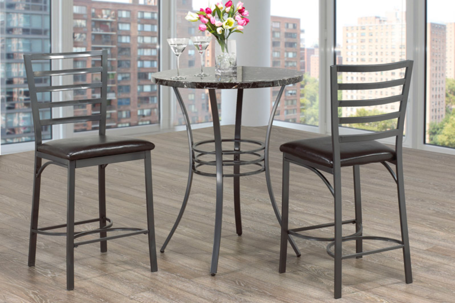 IF-1004 Pub Set, 3Pc, 30" Round, Dark Faux Marble Table Top, Grey Metal Frame, Upholstered Black Seats, Ladder Back