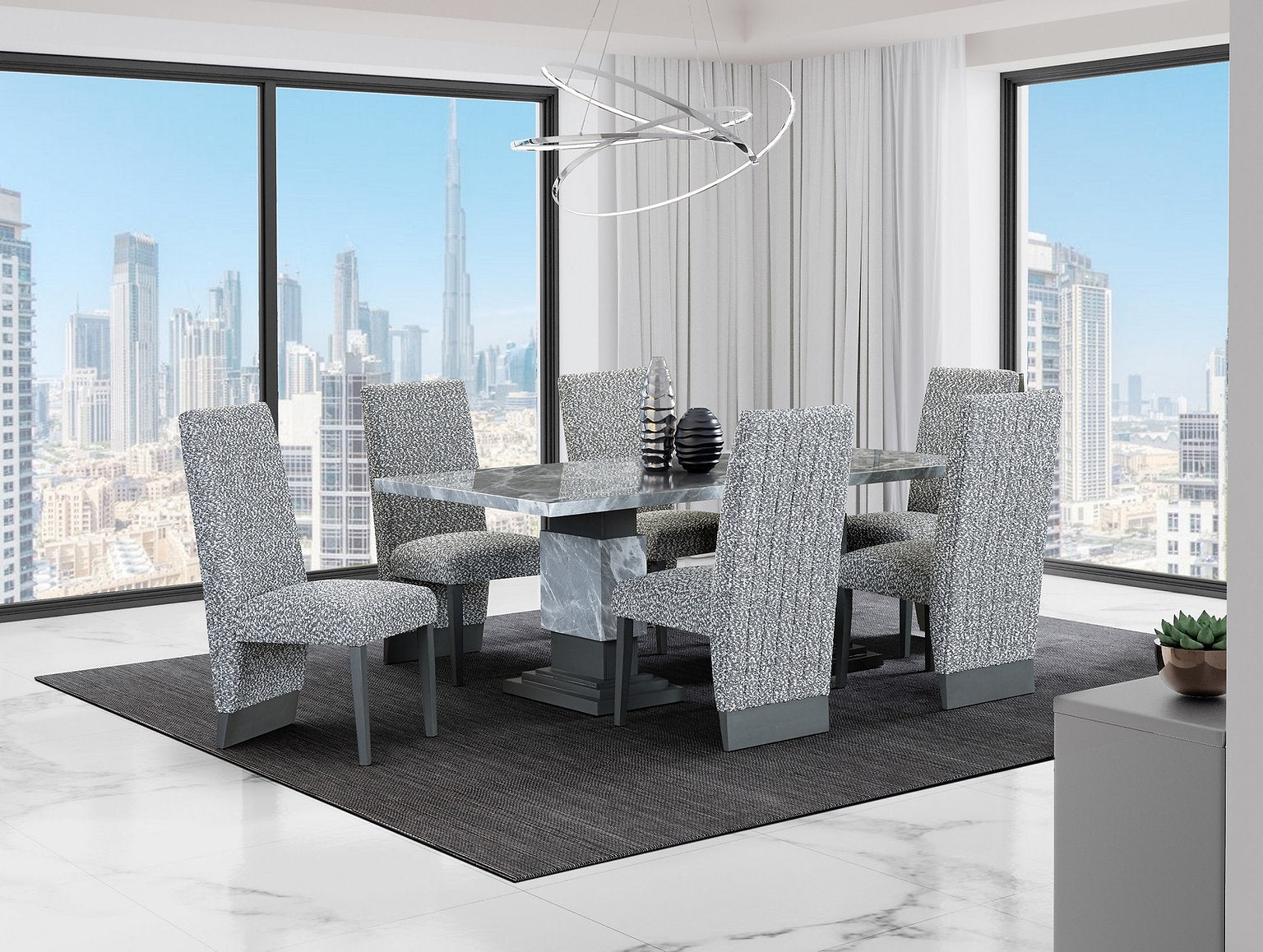 IF-1600 Dining Set, 5Pc or 7Pc, 82" Table, Faux Grey Marble Top, Double Pedestal Base, Grey Fabic Chairs