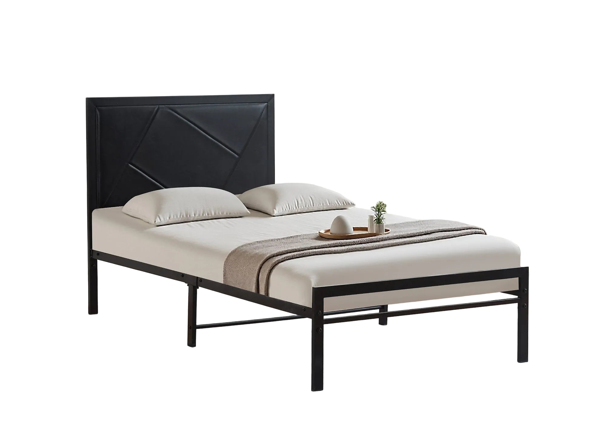 IF-140B Bed, Black, Faux Leather Padded Headboard, Black Metal Frame