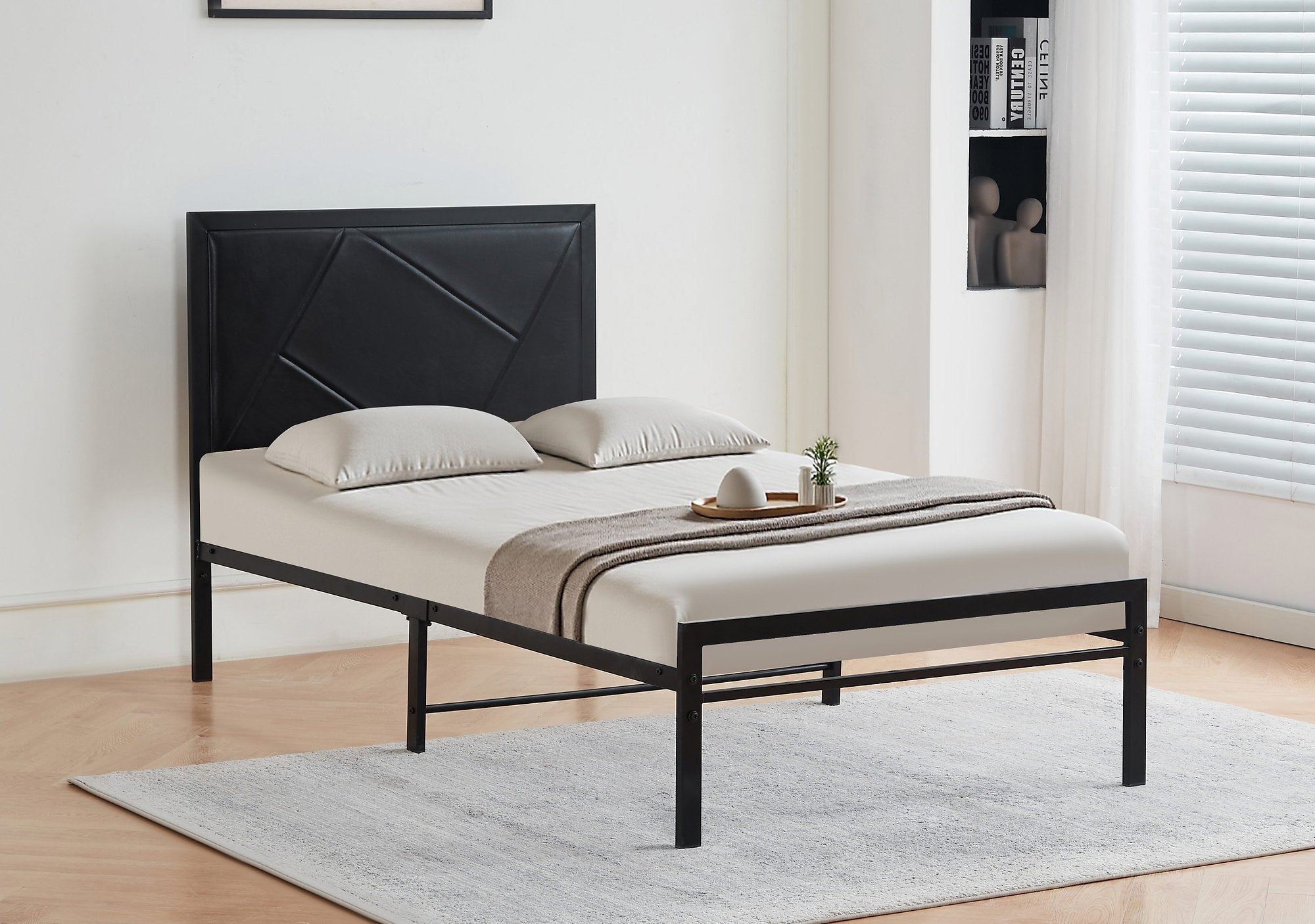 IF-140B Bed, Black, Faux Leather Padded Headboard, Black Metal Frame