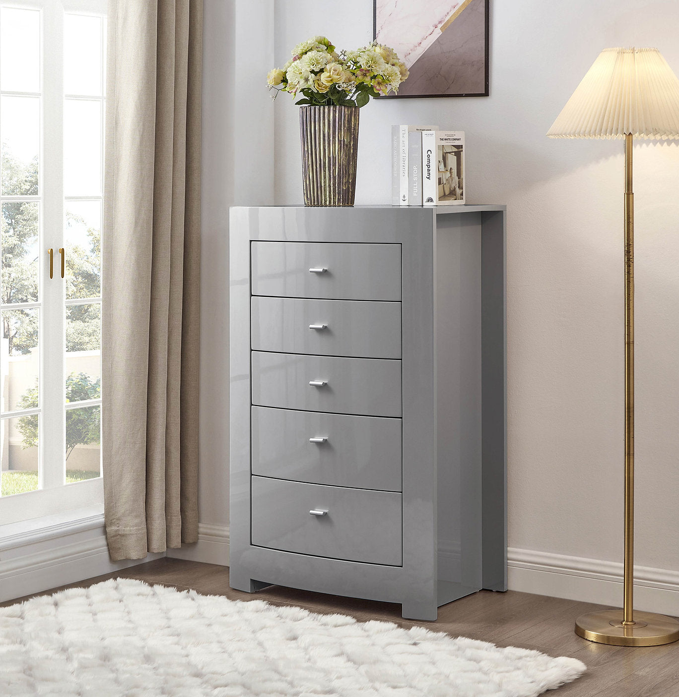 "NEW YORK" Chest, Glossy Grey, 5 Drawer, Hidden Jewelry Storage Vanity