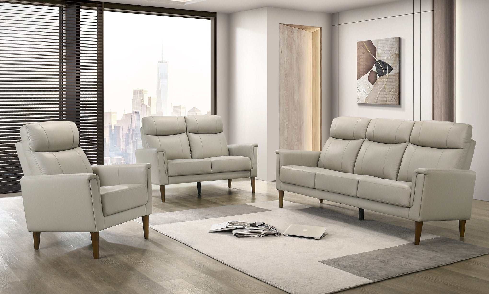 IF-8010 Sofa Set, 3pc, Premium Soft Light Grey Leather Match, Sleek Modern Design, High End Look