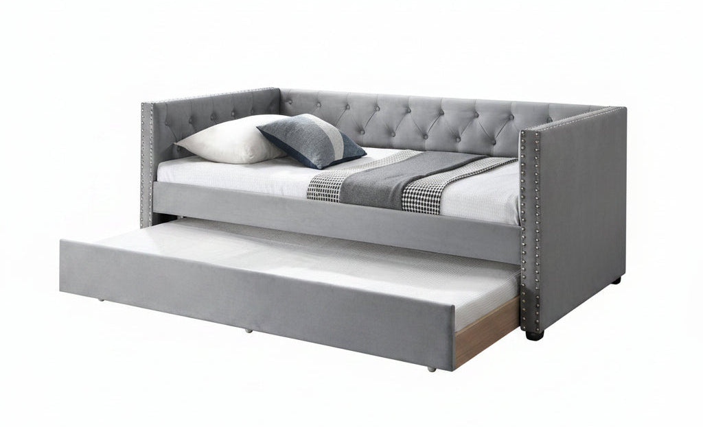 IF-309 Day Bed, Plush Silver Grey Velvet Fabric,  Pull-Out Trundle, Tufted Headboard, Optional Mattresses