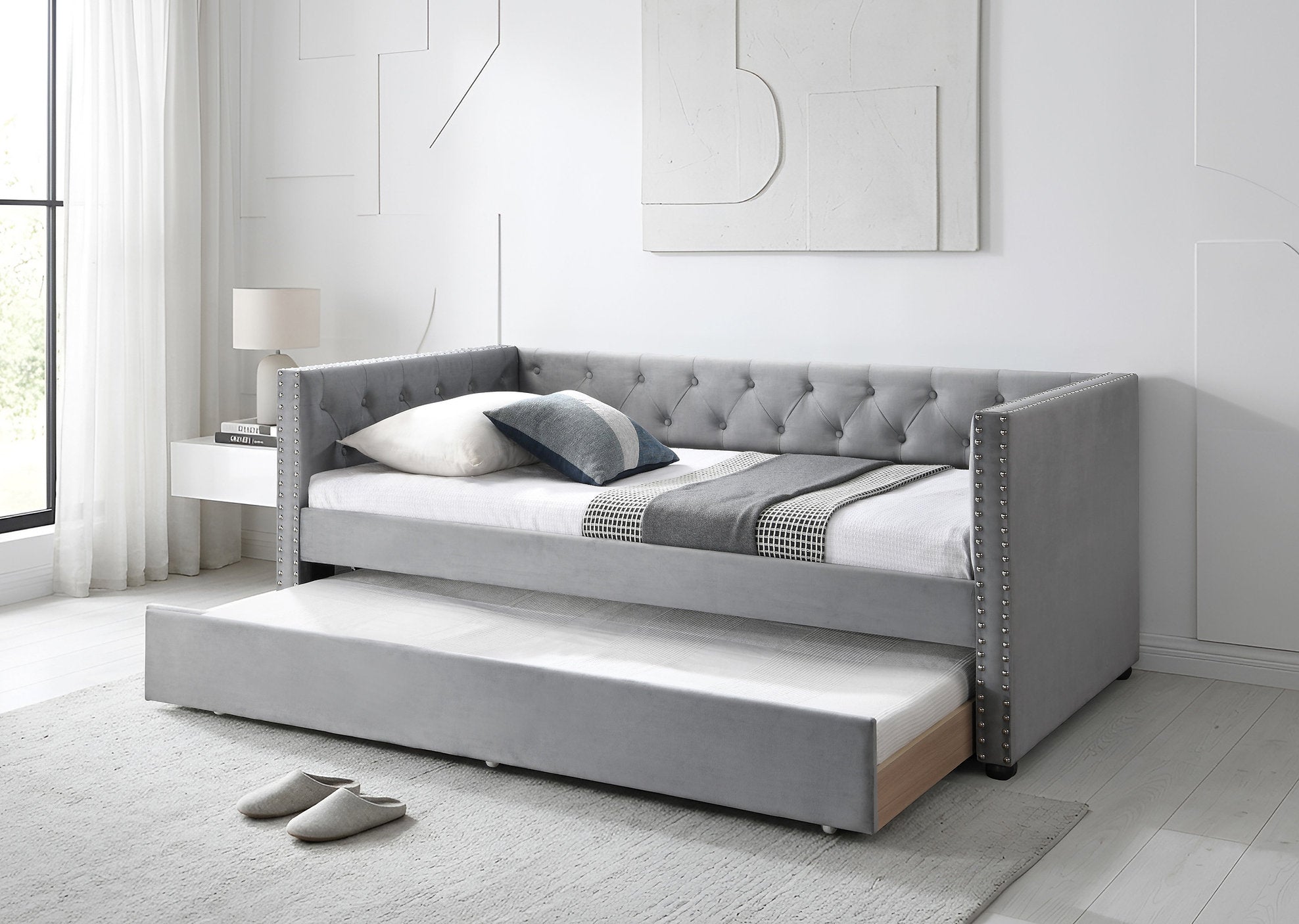 IF-309 Day Bed, Plush Silver Grey Velvet Fabric,  Pull-Out Trundle, Tufted Headboard, Optional Mattresses
