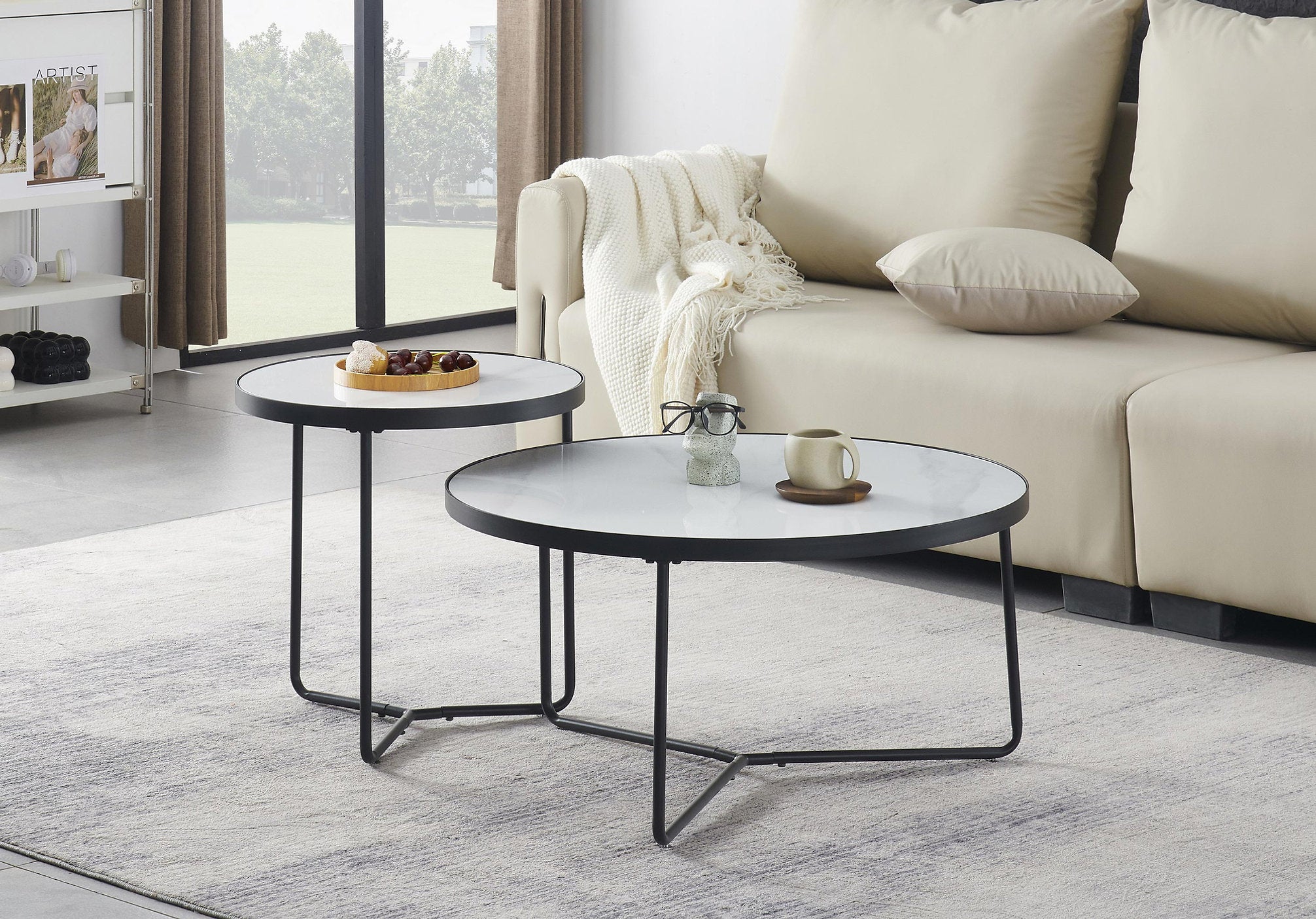 IF-2620 Coffee Table Set, 2Pc, Nested, Sintered Stone White Marble Top, Black Steel Base