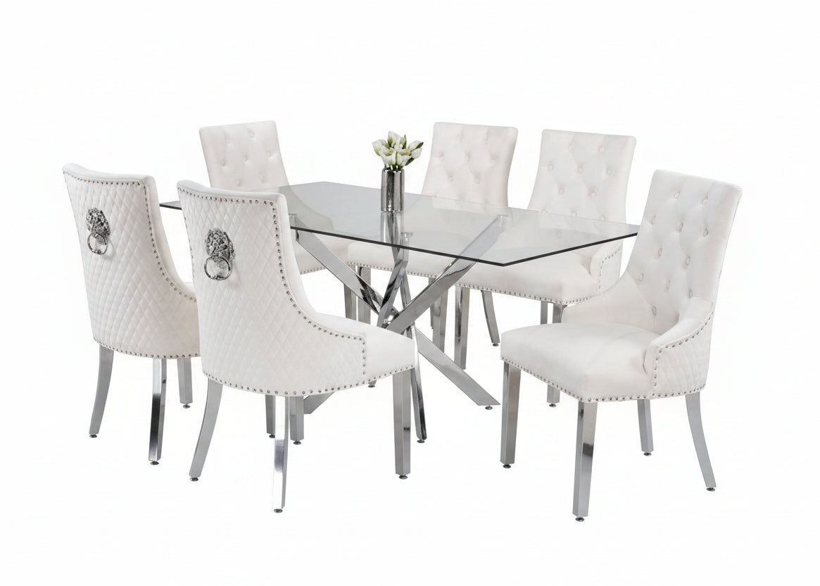T-1448 | C-1253 Dining Set, 7 Pc, 63" Table + 6 White Tufted Velvet Chairs, Chrome Steel Table Legs, Glass Top