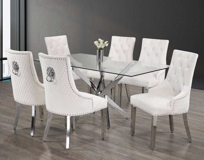 T-1448 | C-1253 Dining Set, 7 Pc, 63" Table + 6 White Tufted Velvet Chairs, Chrome Steel Table Legs, Glass Top