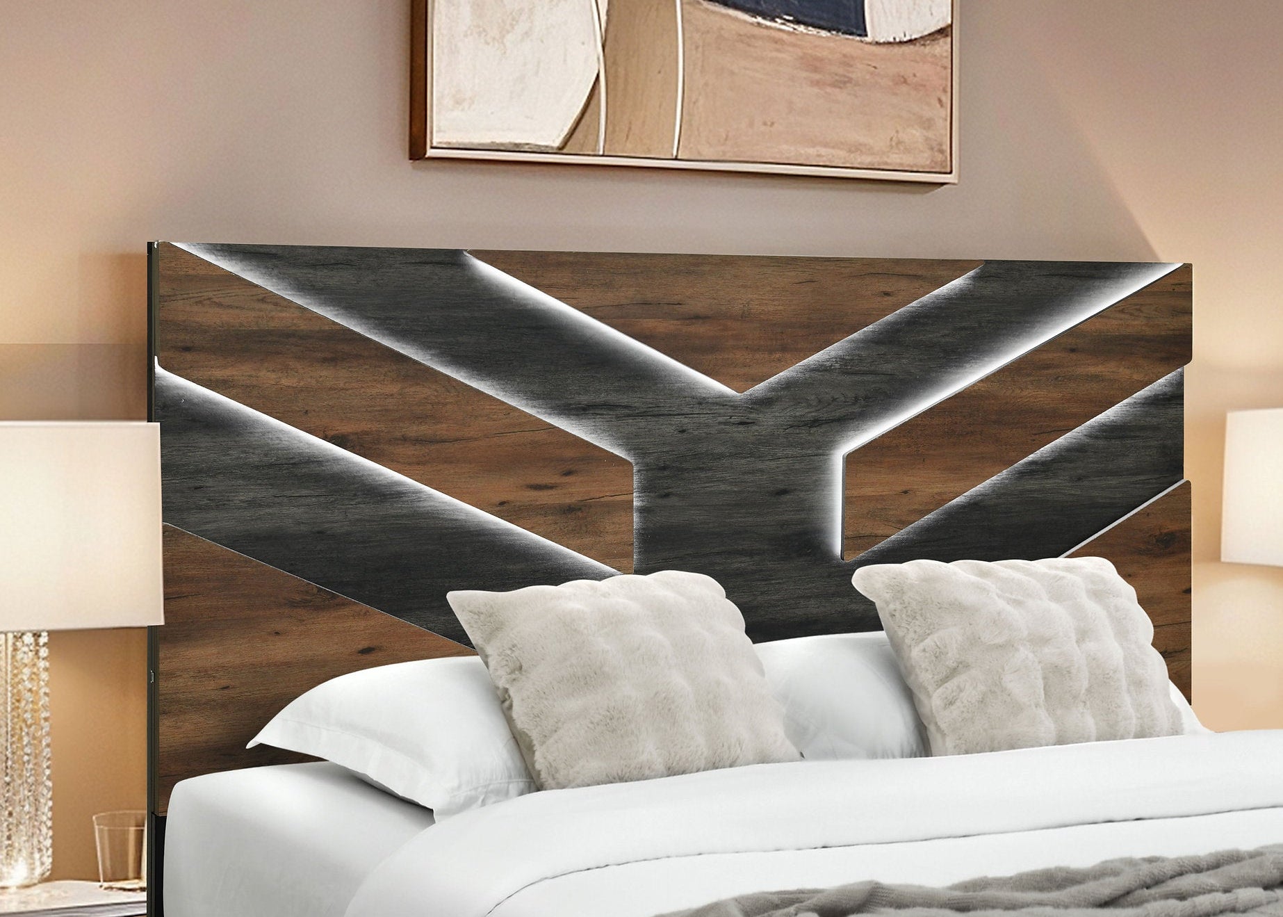"OPTIMUS" Bed, Dark Brown + Walnut, Chevron Style Headboard, LED Lighting