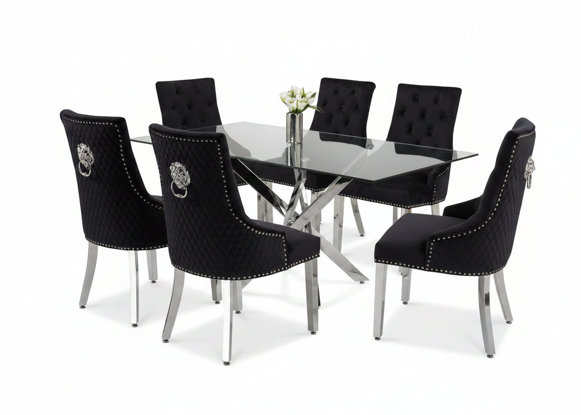 T-1448 | C-1251 Dining Set, 7 Pc, 63" Table + 6 Black Tufted Velvet Chairs, Chrome Steel Table Legs, Glass Top