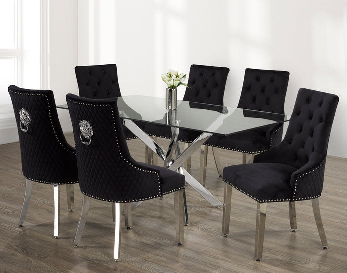 T-1448 | C-1251 Dining Set, 7 Pc, 63" Table + 6 Black Tufted Velvet Chairs, Chrome Steel Table Legs, Glass Top
