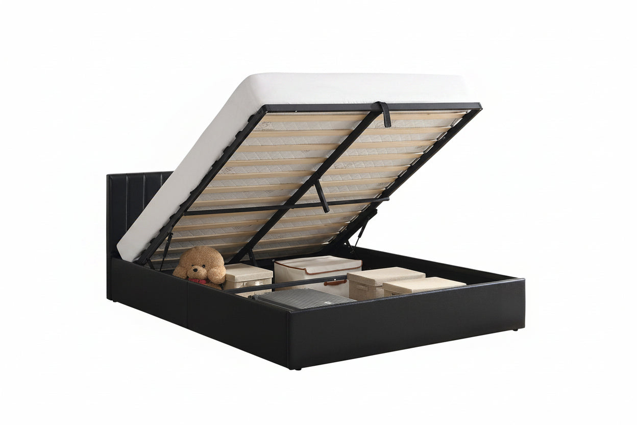 IF-5160 Lift Bed, Black, Faux Leather, Vertical Tufting, Under Bed Storage, Hydraulic Lift for Easy Lifting