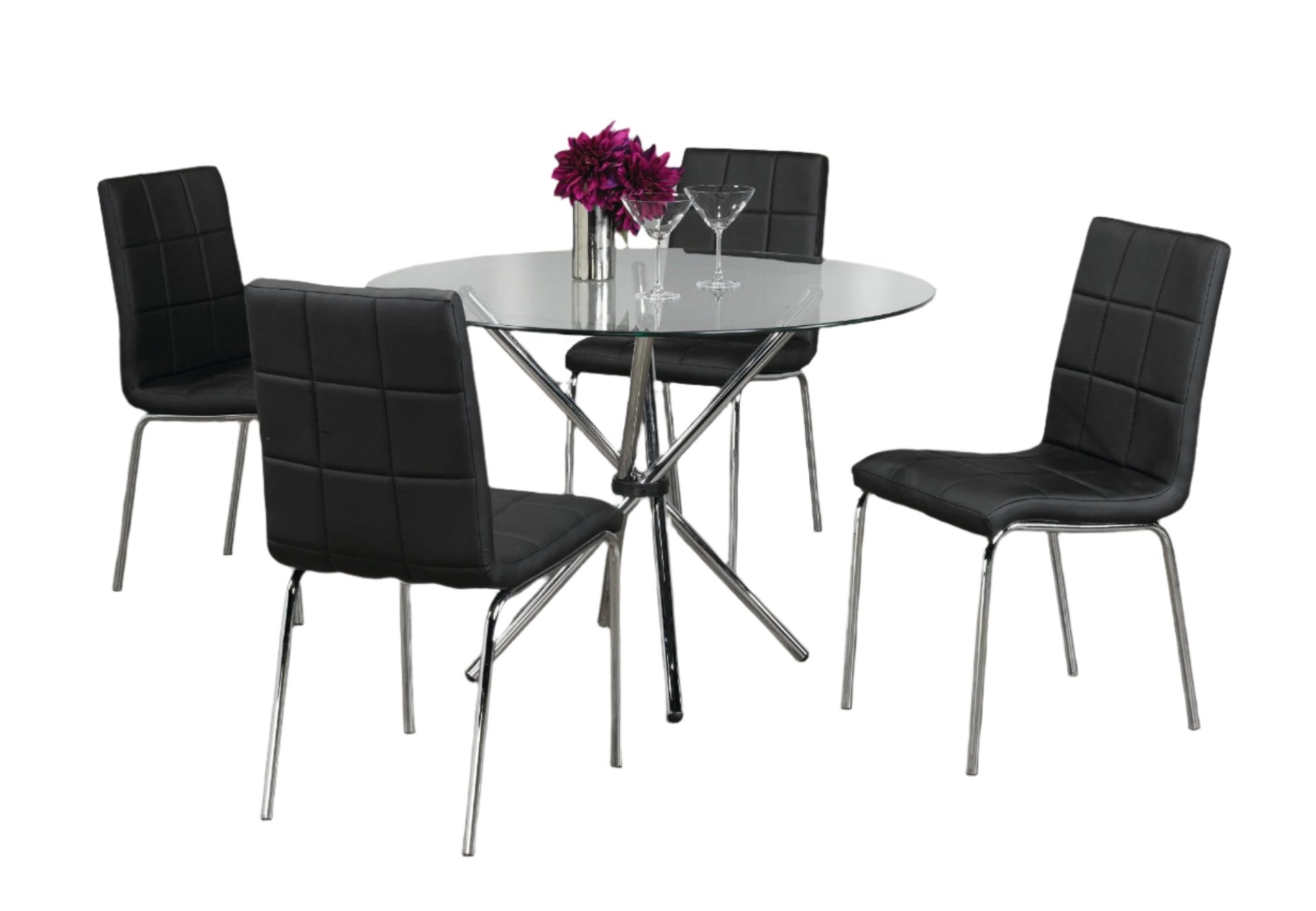 T-1430 | C-1760 - 5 Pc Dining Set - Round Glass Table & Black Chairs