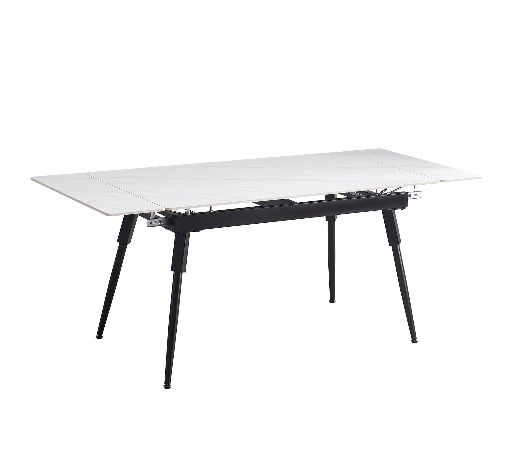 T-1818 Dining Table, Adjustable Length, 55"-75" Sintered Stone White Marble Top, Black Metal Legs