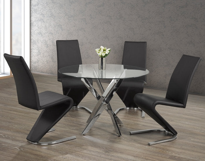 T-1447 | C-1785 - 5Pc Dining Set, 44" Round Glass Table Top with 4 Black "Z" Chairs