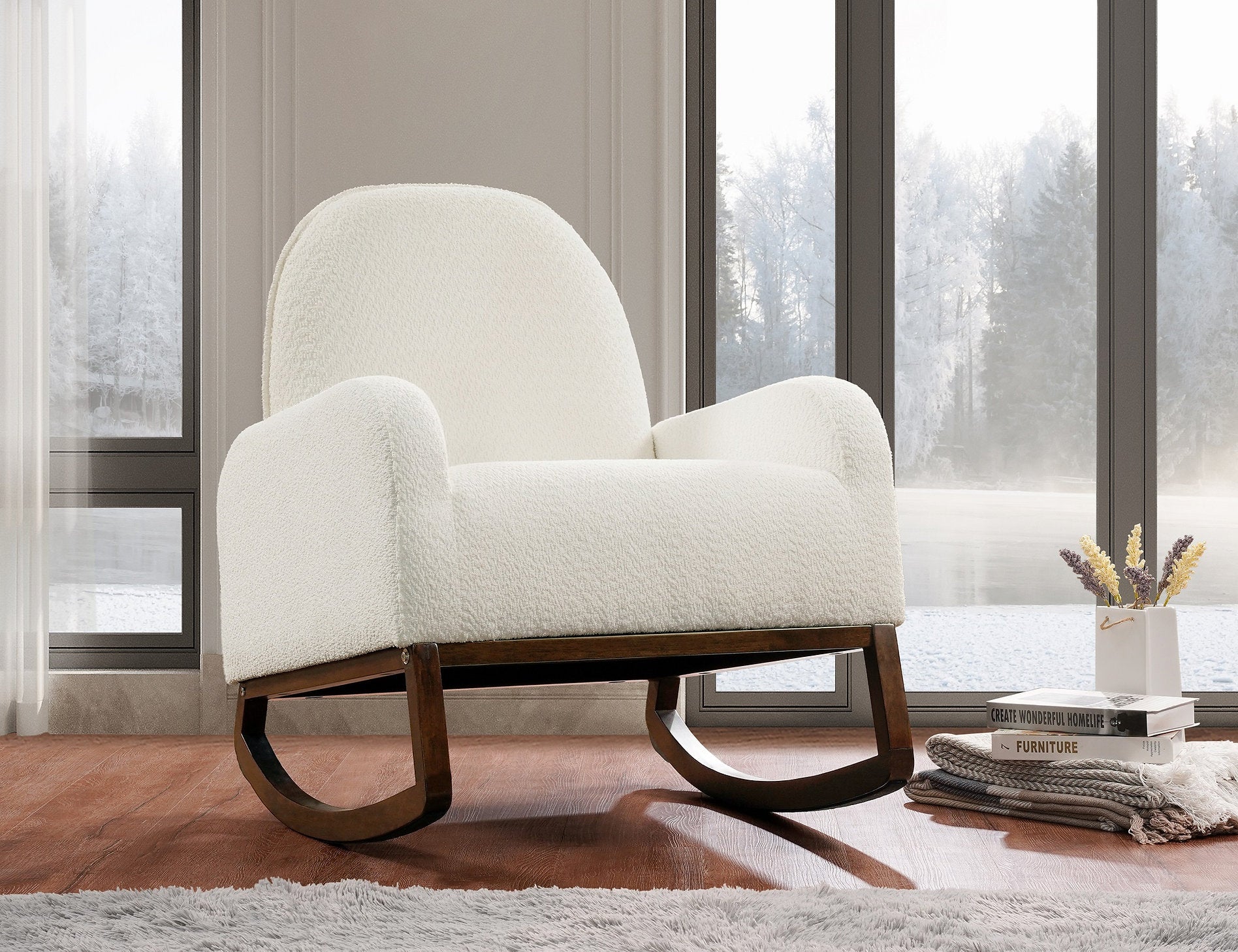 IF-663 Rocking Chair, Beige Boucle Fabric