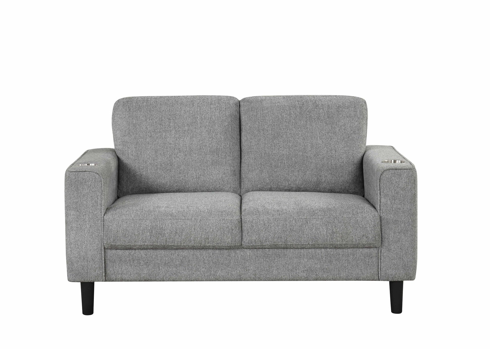 IF-8240 Loveseat, Grey, 58" Wide, Soft-Touch Fabric, Black Legs, Stainless Steel Cup Holders