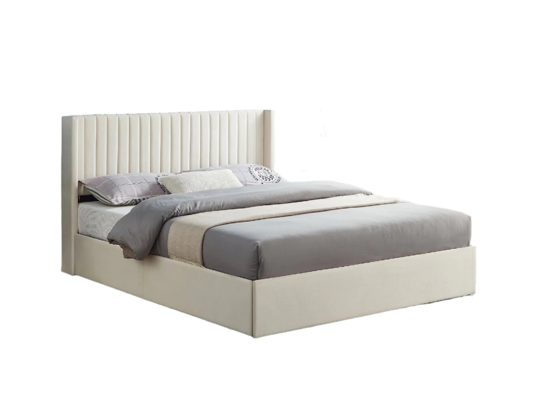 IF-5407 Bed, White, Velvet Fabric, 4 Large Pull-Out Wire Mesh Storage Drawers