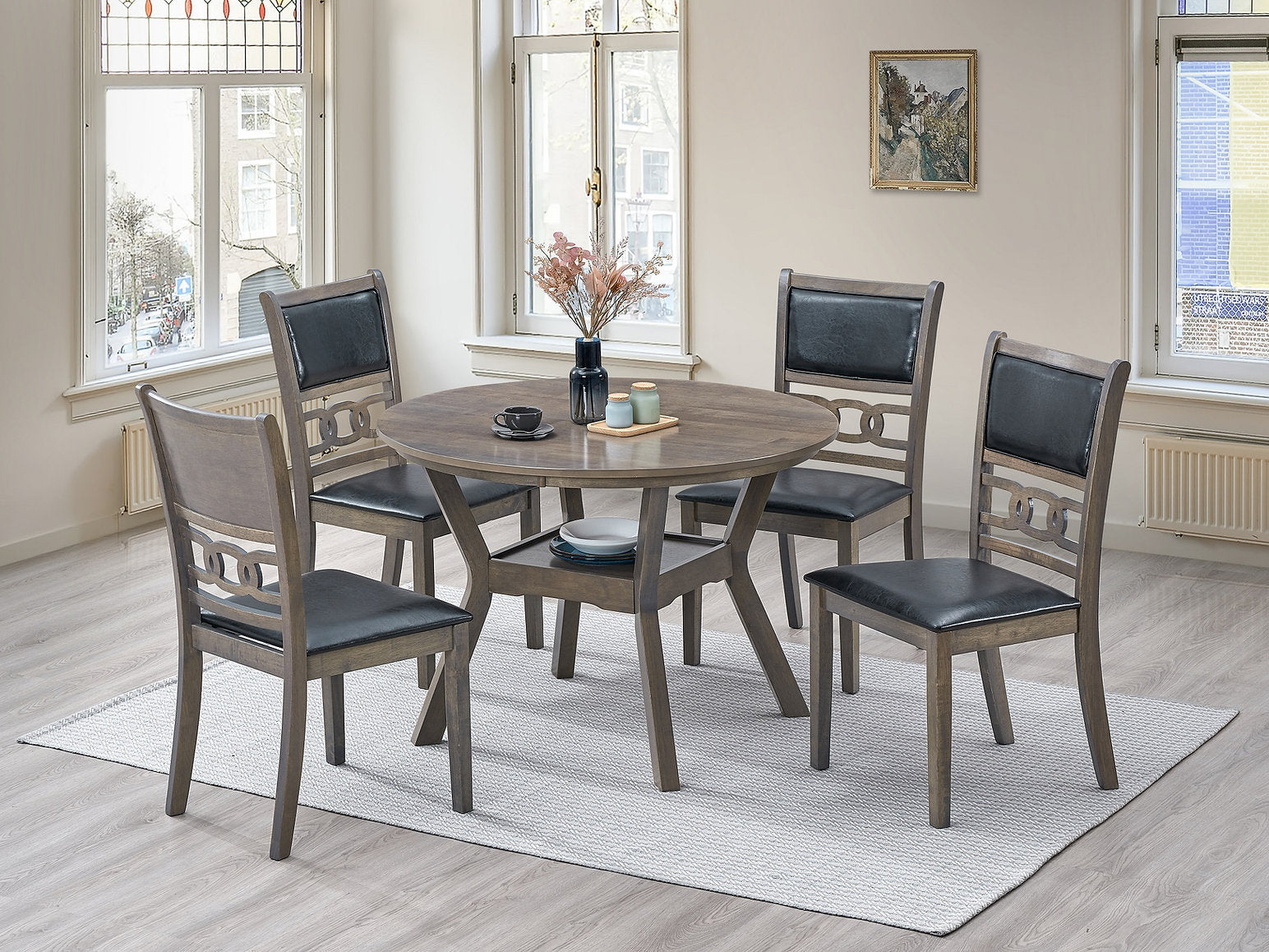 T-1079 | C-1083 - 5 Pc Dining Set - 42" Round Wooden Antique Grey Table + 4 Chairs