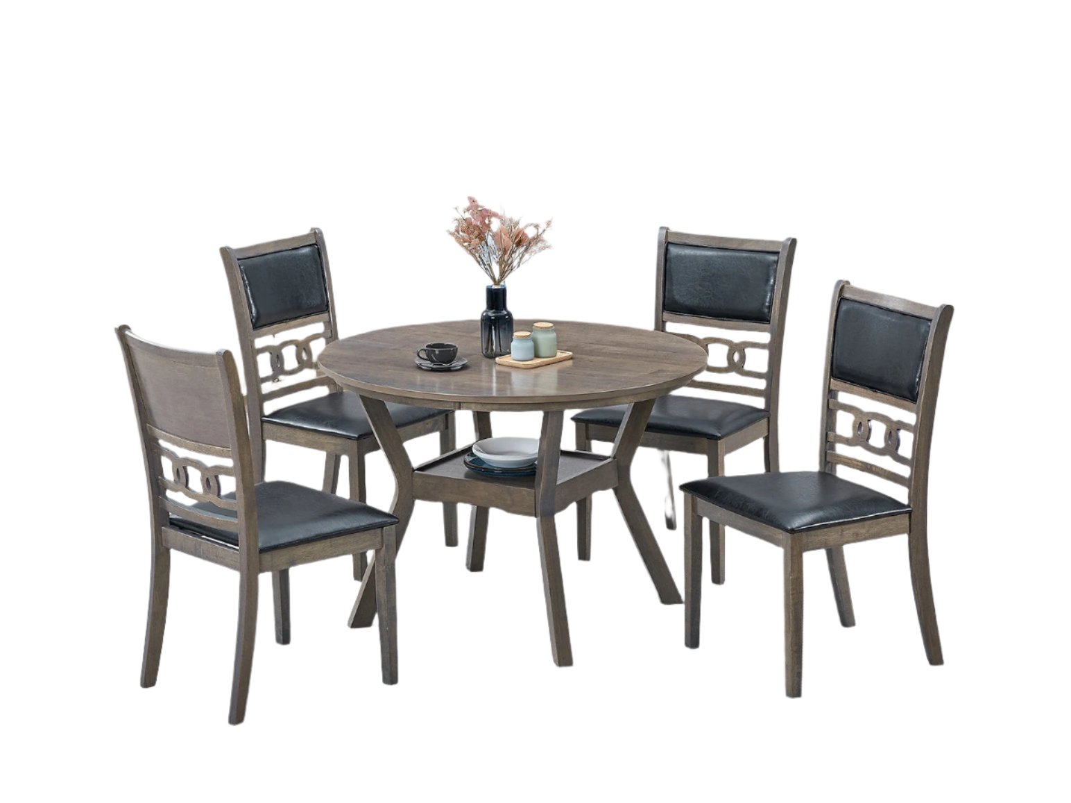 T-1079 | C-1083 - 5 Pc Dining Set - 42" Round Wooden Antique Grey Table + 4 Chairs