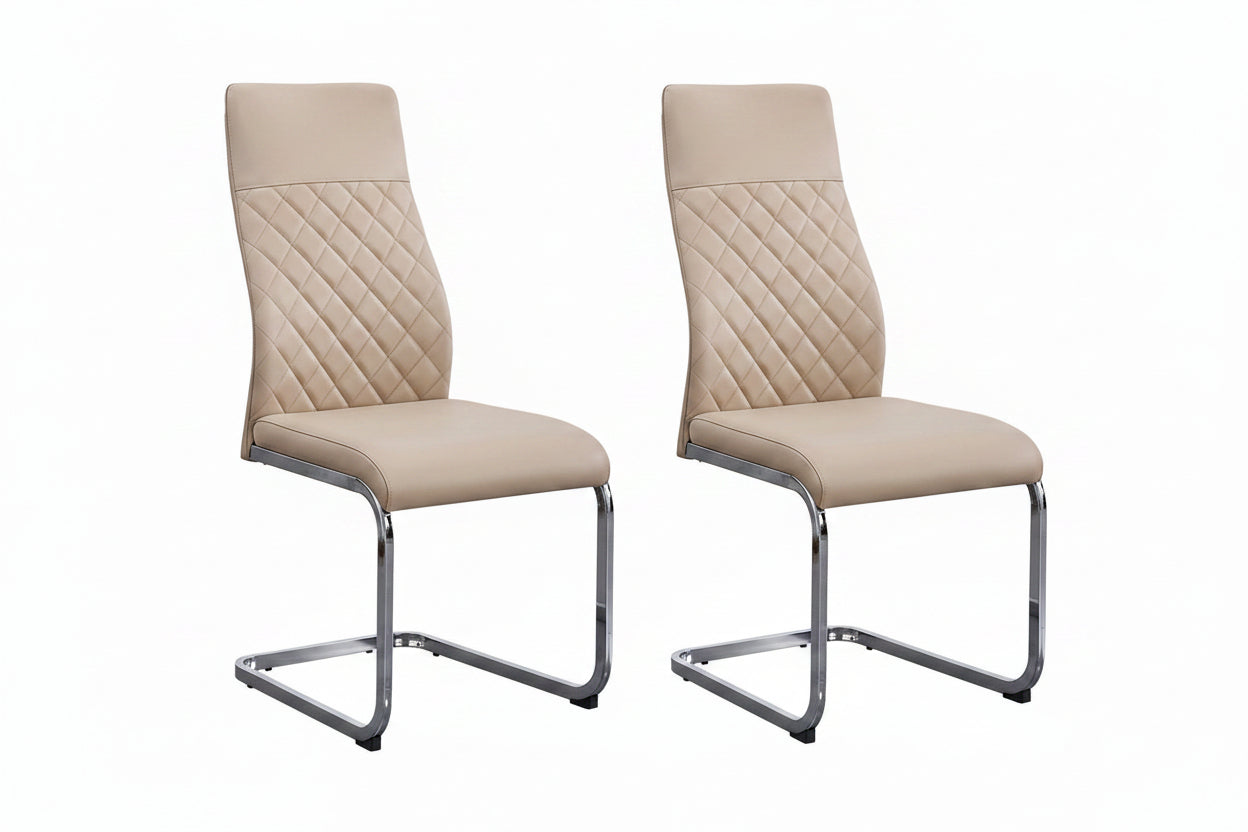 C-1577 Dining Chair, Champagne Faux Leather, Elegant Diamond Stitching, C-Shape Chrome Frame, Set of 2 Chairs
