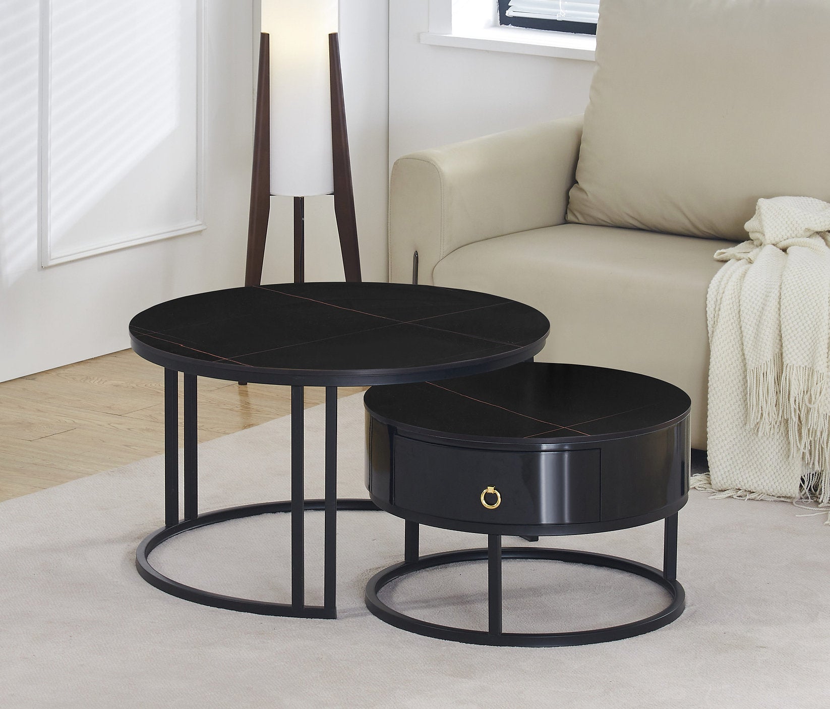 IF-2667 Coffee Table Set, 2Pc, Nested, Marquina Midnight Black Stone Top, Black Steel Base