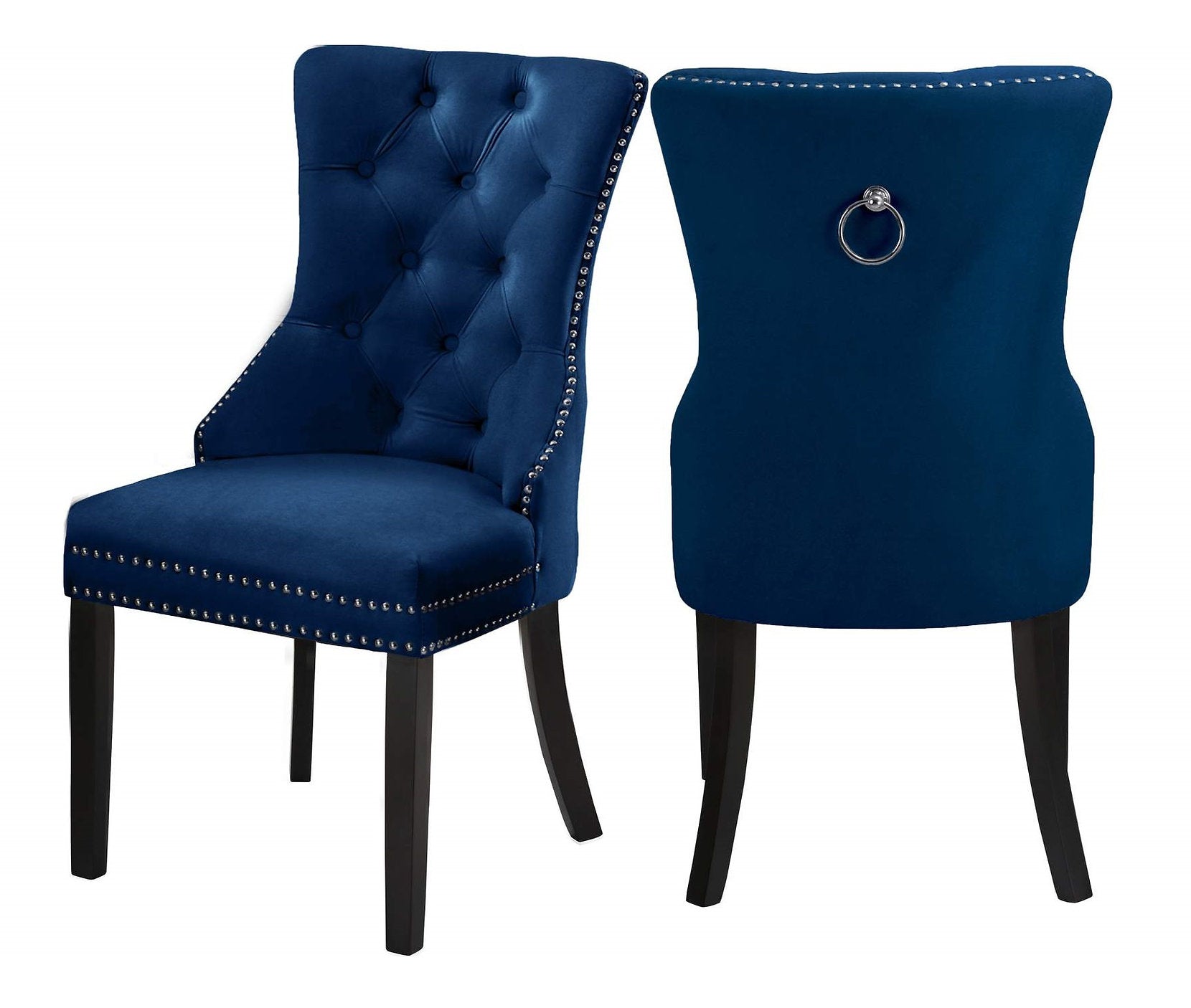 C-1222 Dining Chair, Blue, Velvet, Chrome Decorative Ring, Deep Button Tufting, (Set of 2)