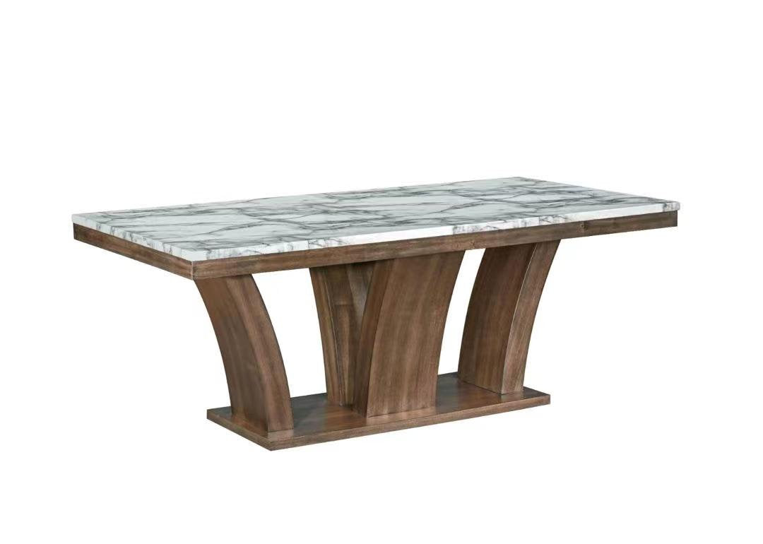 T-1620 Dining Table, White, High-Gloss Faux Marble Finish, Rustic Brown Base