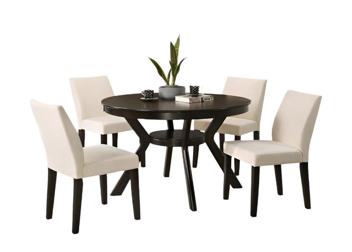 T-1085 | C-1085 Dining Set, 5 Pc, 48" Round Espresso Wood Table, 4 Creme Chairs