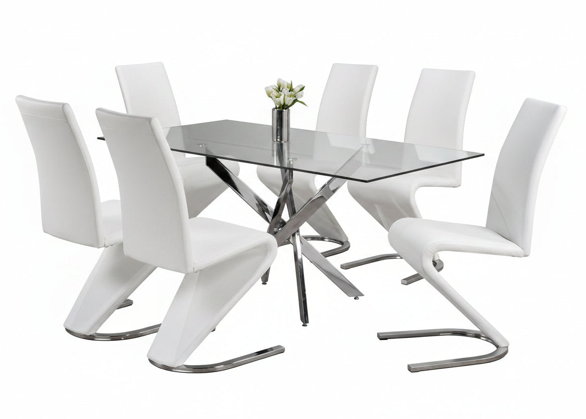 T-1448 | C-1786 Dining Set, 7 Pc, 63" Table + 6 Chairs, Chrome + Glass Table, "Z" Chrome + White Chairs