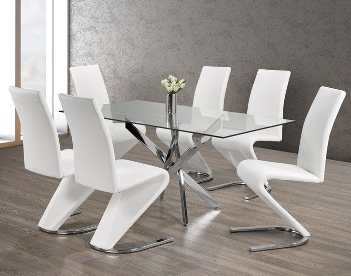 T-1448 | C-1786 Dining Set, 7 Pc, 63" Table + 6 Chairs, Chrome + Glass Table, "Z" Chrome + White Chairs