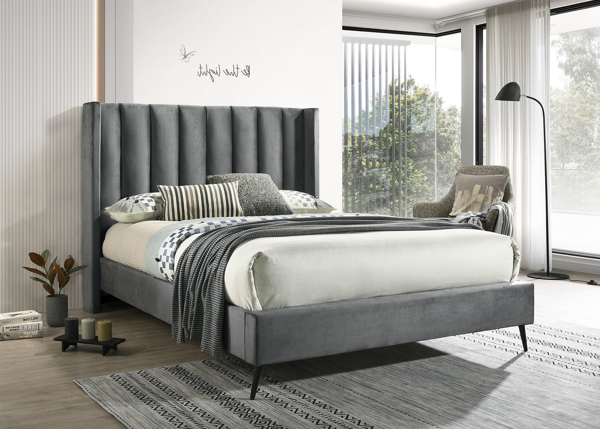 IF-5230 Bed, Grey Velvet, Wing Bed, Vertical Tufted Headboard