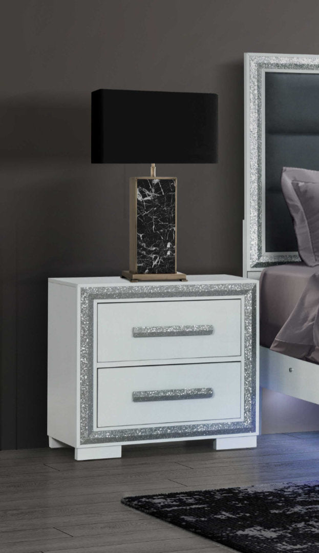 "ANDROS SILVER" Night Table, Glossy White, Glamorous Silver Trim