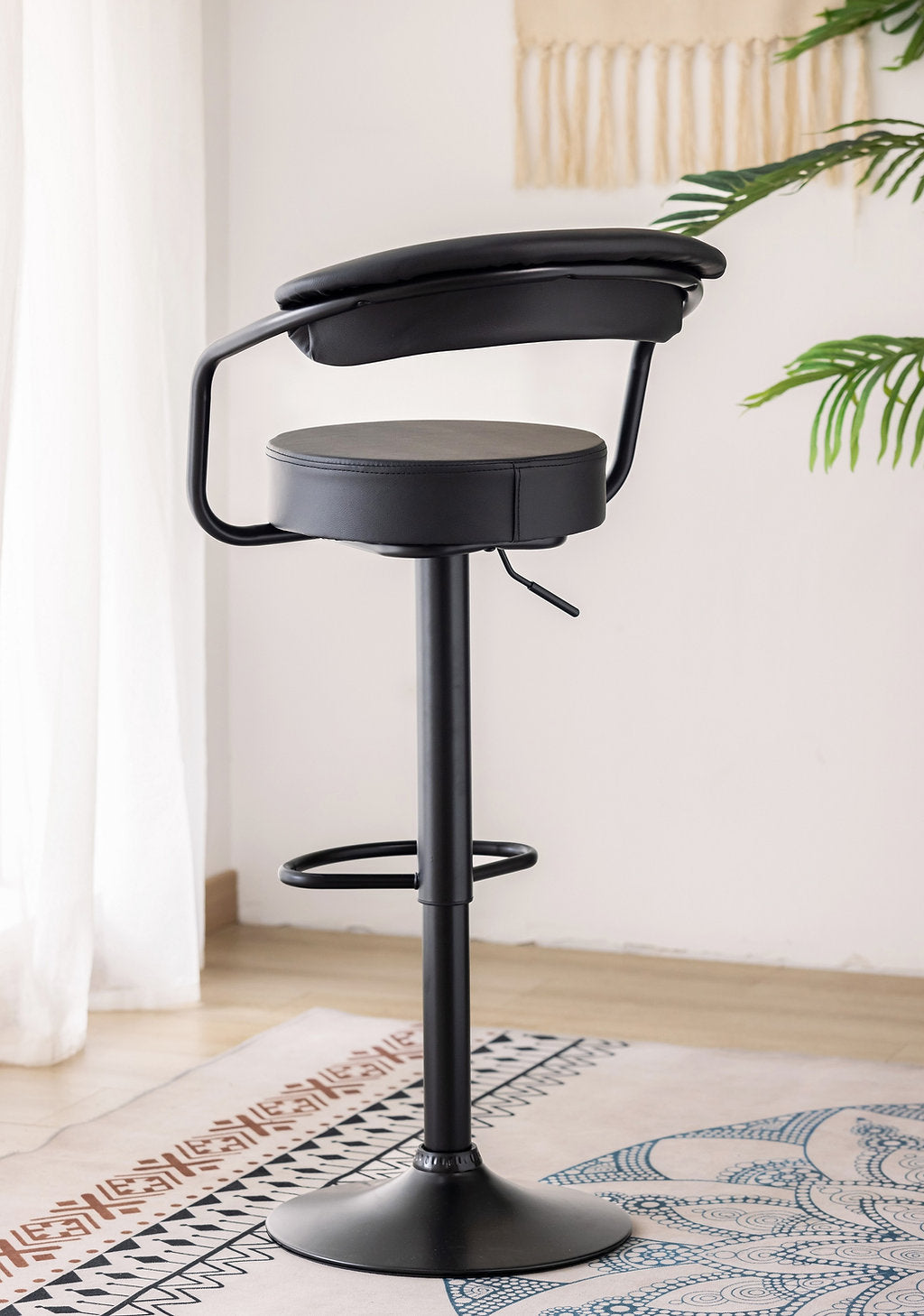 ST-7560 Barstool, Black Faux Leather, Adjustable Height, Black Base, Footrest