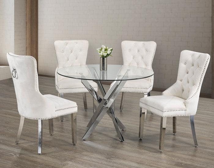 5Pc Dining Set - 44" Round Glass Top Table with 4 White Velvet Chairs  T-1447 | C-1263