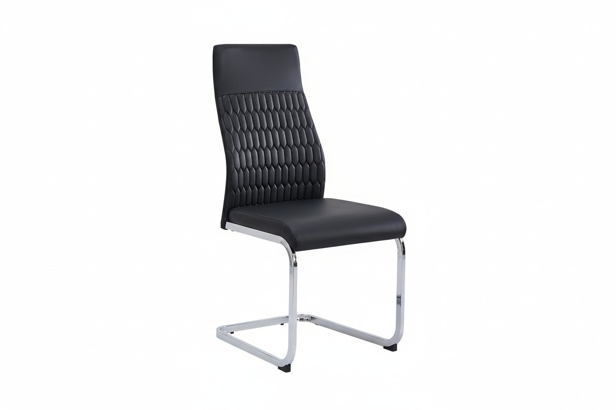 C-1579 Dining Chair, Chrome "C" Shape Frame, Black Faux Leather Upholstered Seat and Back