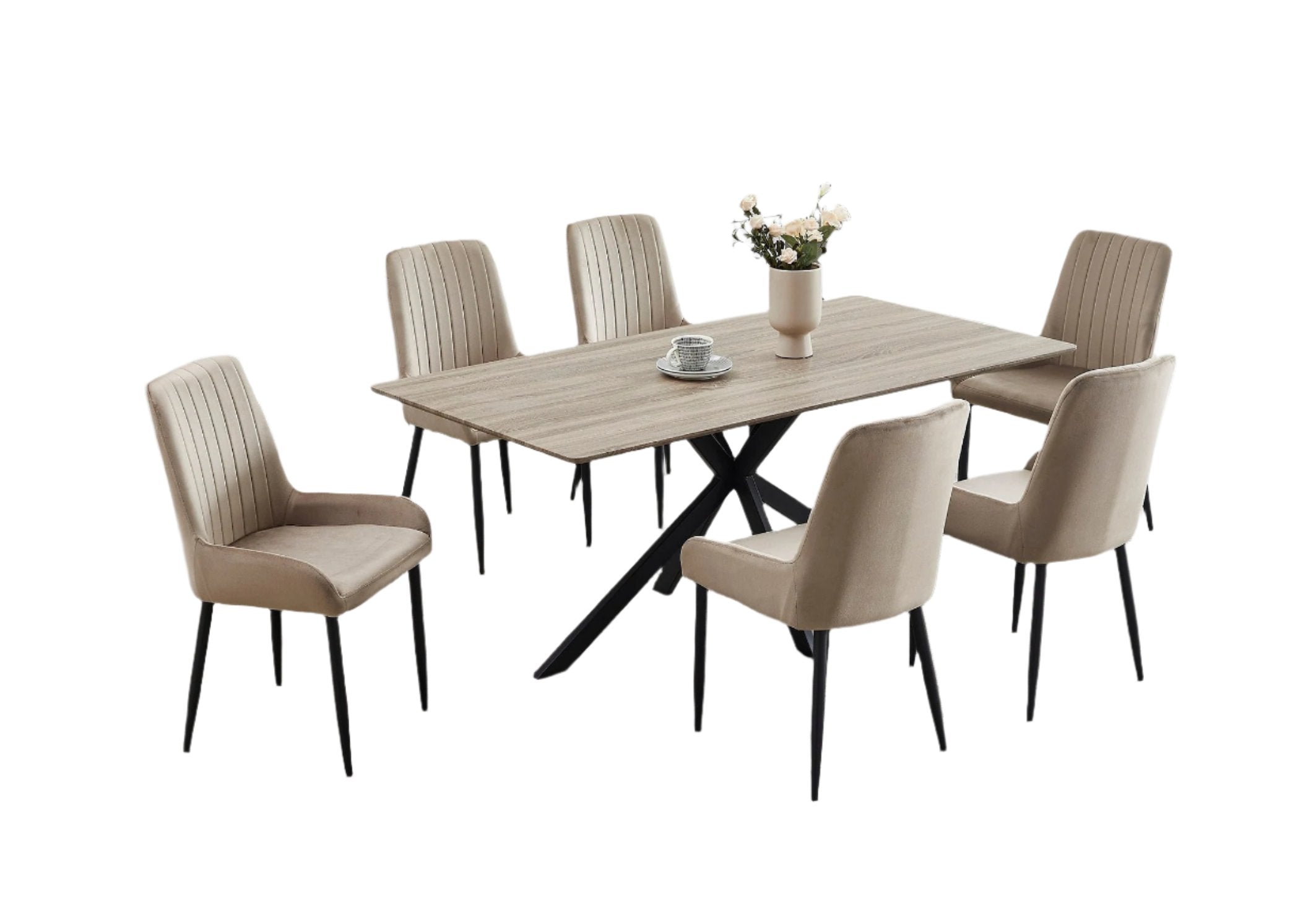 T-1510 | C-1511 Dining Set, 7Pc, 71" Table, Brown Top, Beige Velvet Chairs