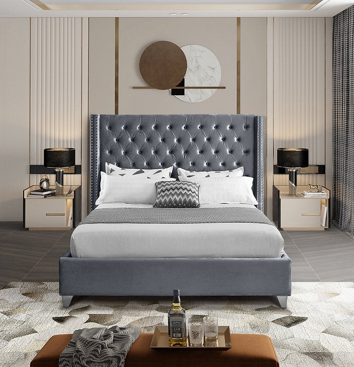 IF-5890 Bed, Grey, Velvet, Tufted Headboard, Chrome Legs, Nailhead Detail