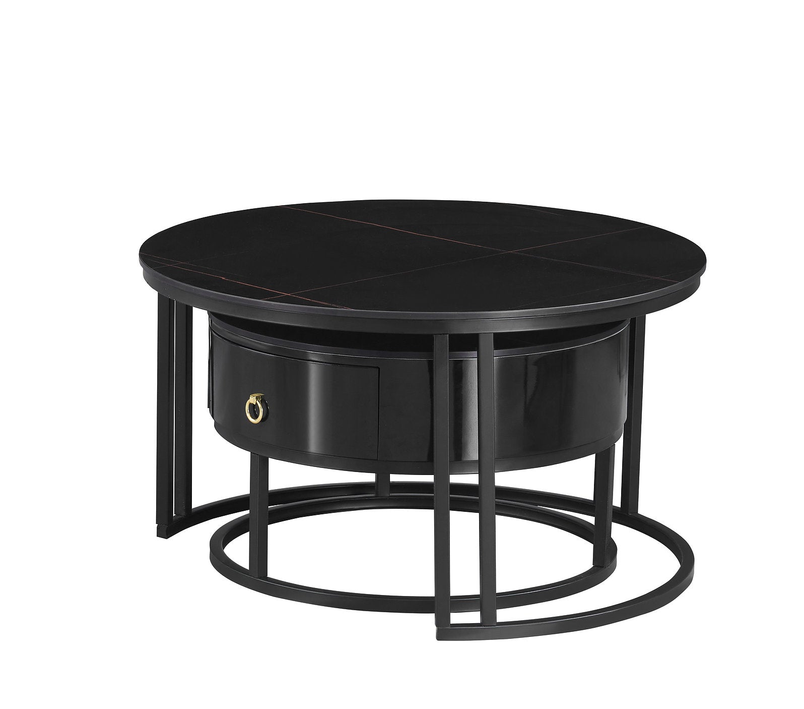 IF-2667 Coffee Table Set, 2Pc, Nested, Marquina Midnight Black Stone Top, Black Steel Base