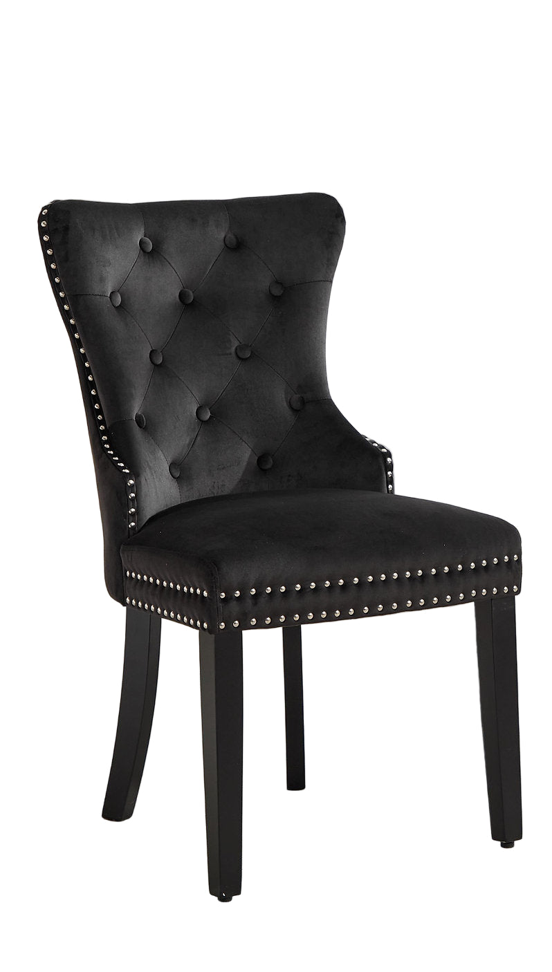 C-1226 Dining Chair, Black, Velvet, Tufted Front, Nailhead Detail, Espresso Legs