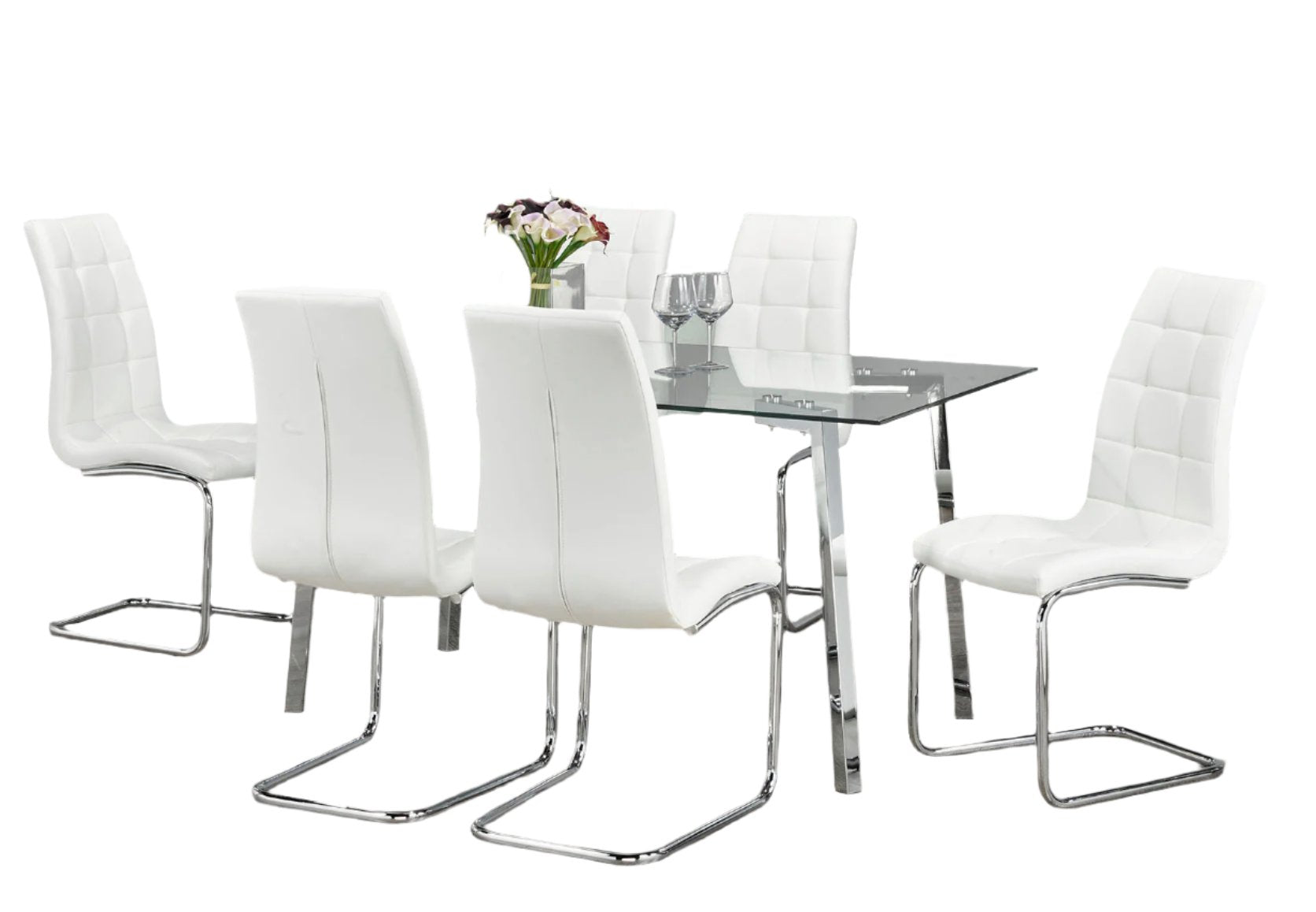 T-5057 | C-1751 - 7Pc or 5Pc Dining Set,  59" Glass Top Table, White Chairs